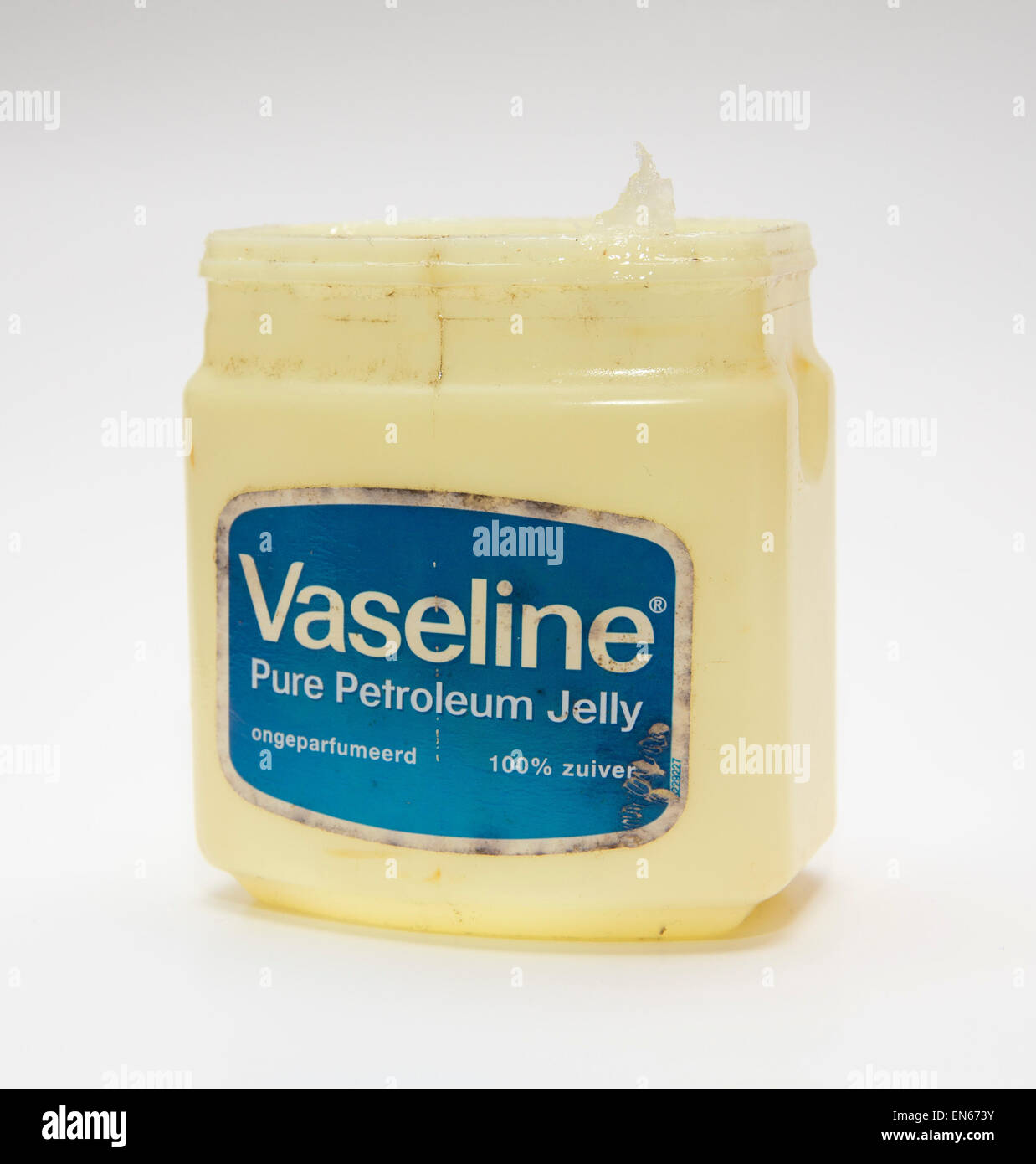 Tub of Vaseline petroleum jelly, isolated on white background. Stock Photo