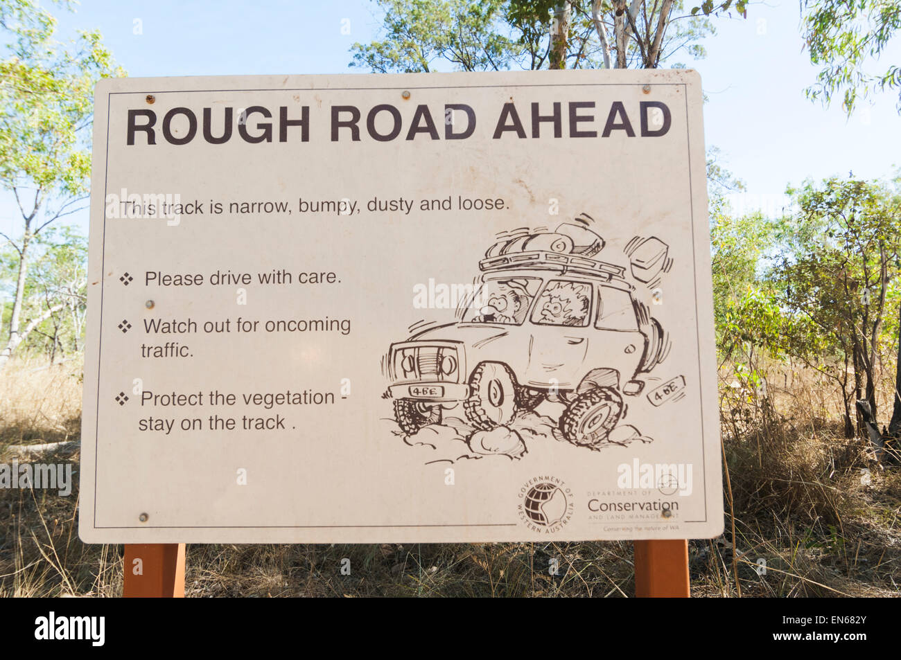 Rough Road Ahead Sign, Mitchell Plateau, Kimberley Region, Western Australia, WA, Australia Stock Photo