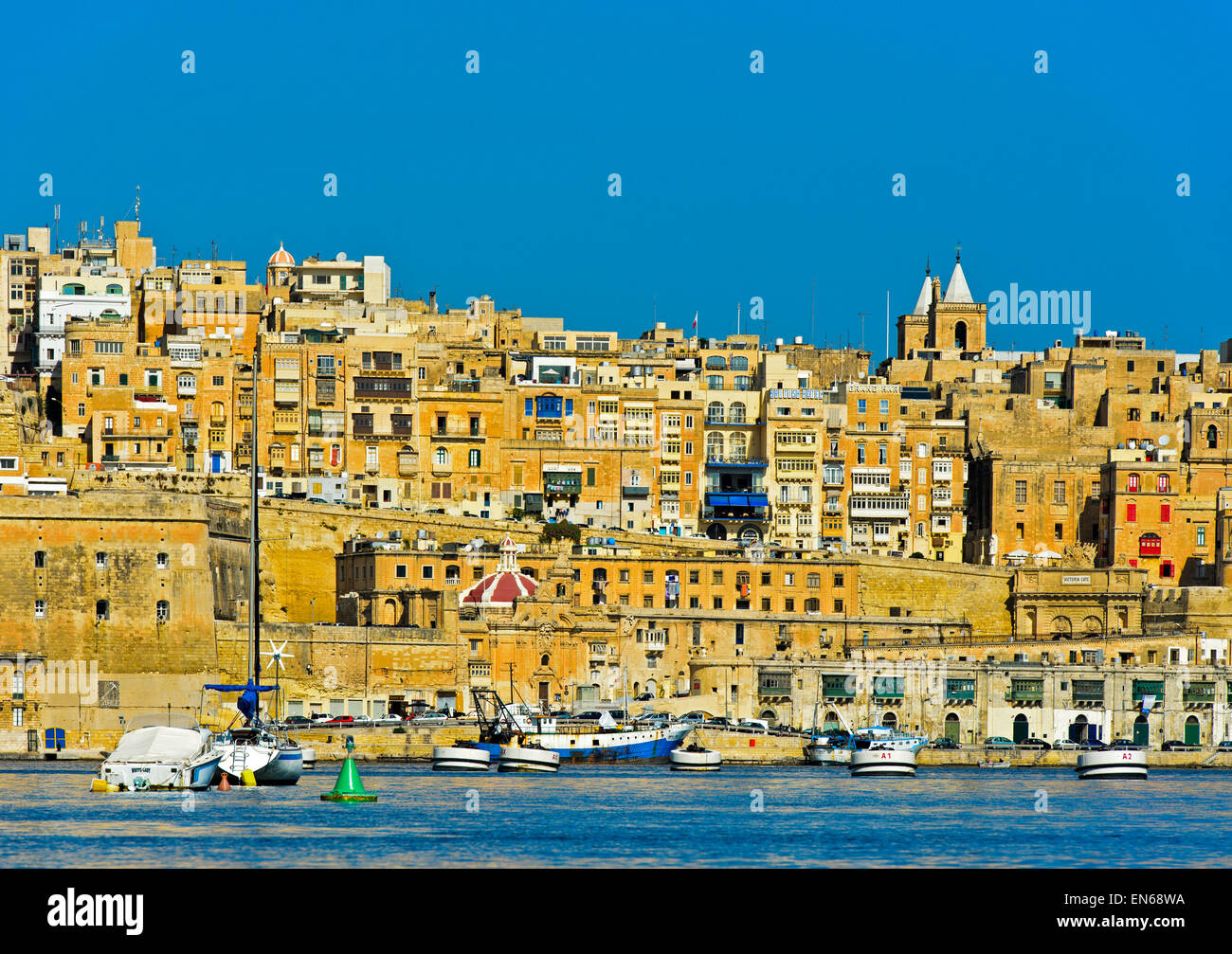 Scenic skyline of the old town of  Valletta from the Grand Harbour area, Valletta, Malta Stock Photo