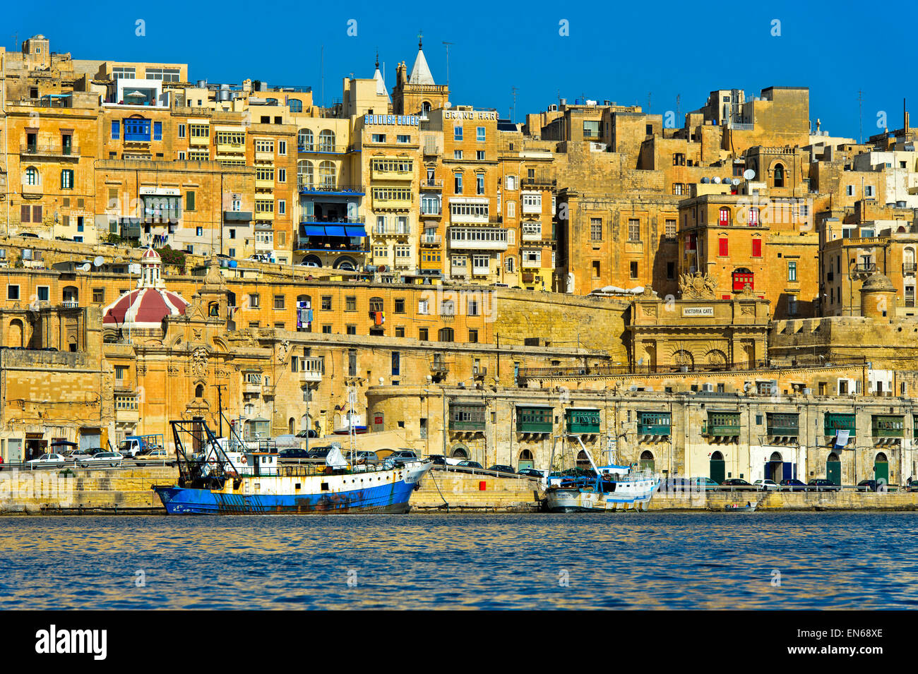 Scenic skyline of the old town of Valletta around the Victoria Gate, Valletta, Malta Stock Photo