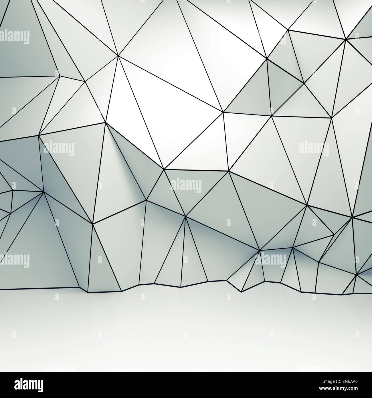 Abstract square white 3d interior, polygonal wireframe relief pattern on the wall Stock Photo