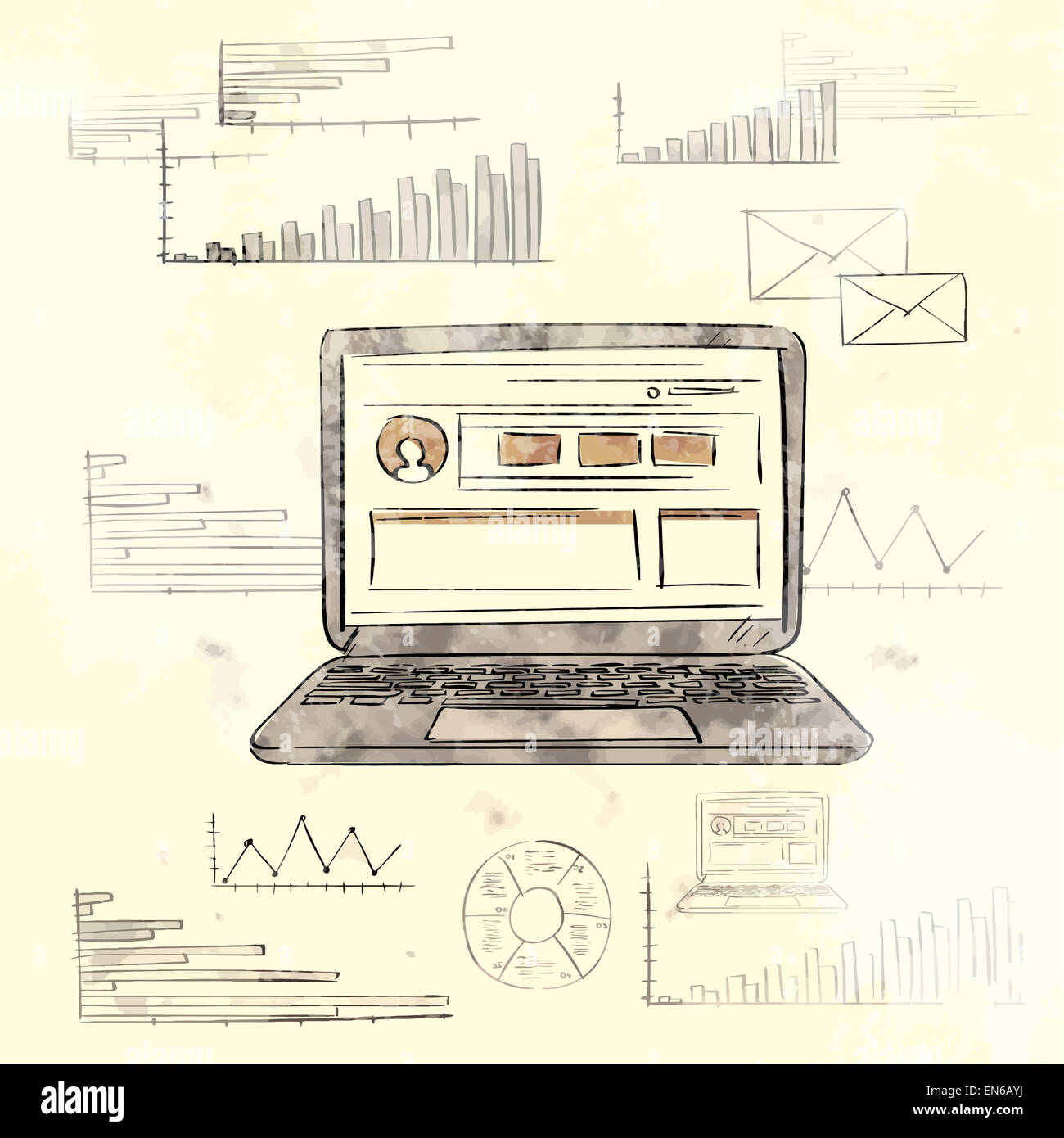 Retro Laptop with Grunge Finance Chart Old Paper Stock Photo