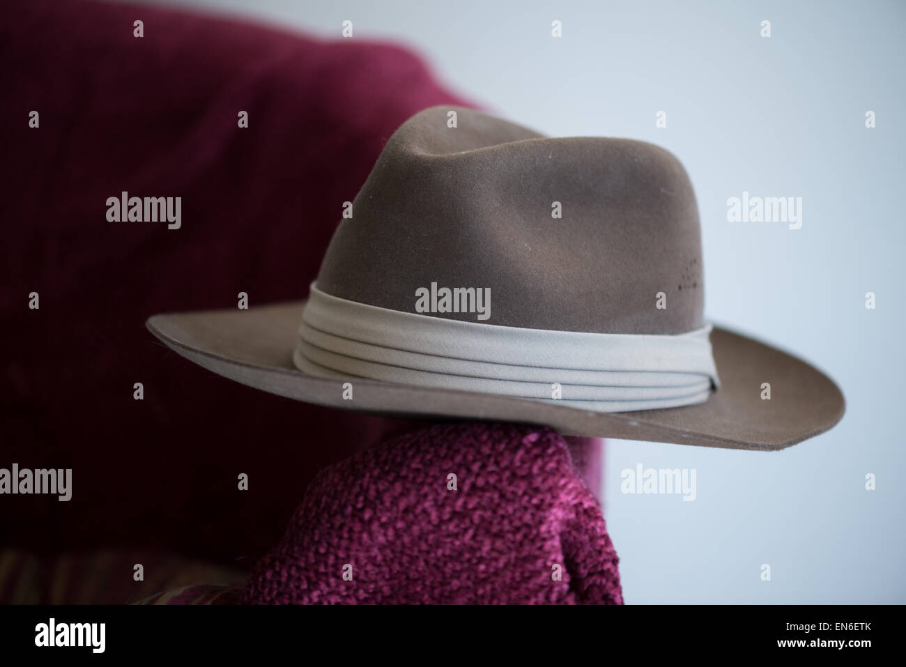 Men's fedora hat on chair Stock Photo