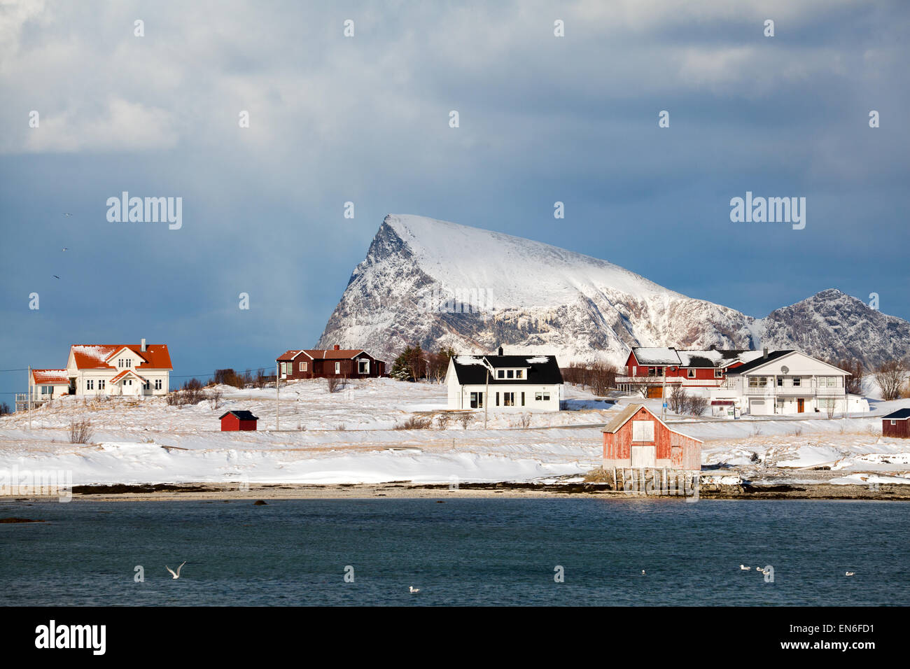Remote village on a snowy island in northern Norway Stock Photo