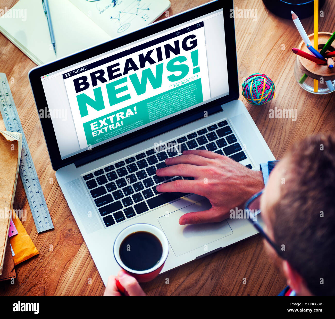 Man Breaking News Top Story Internet Connection Concept Stock Photo