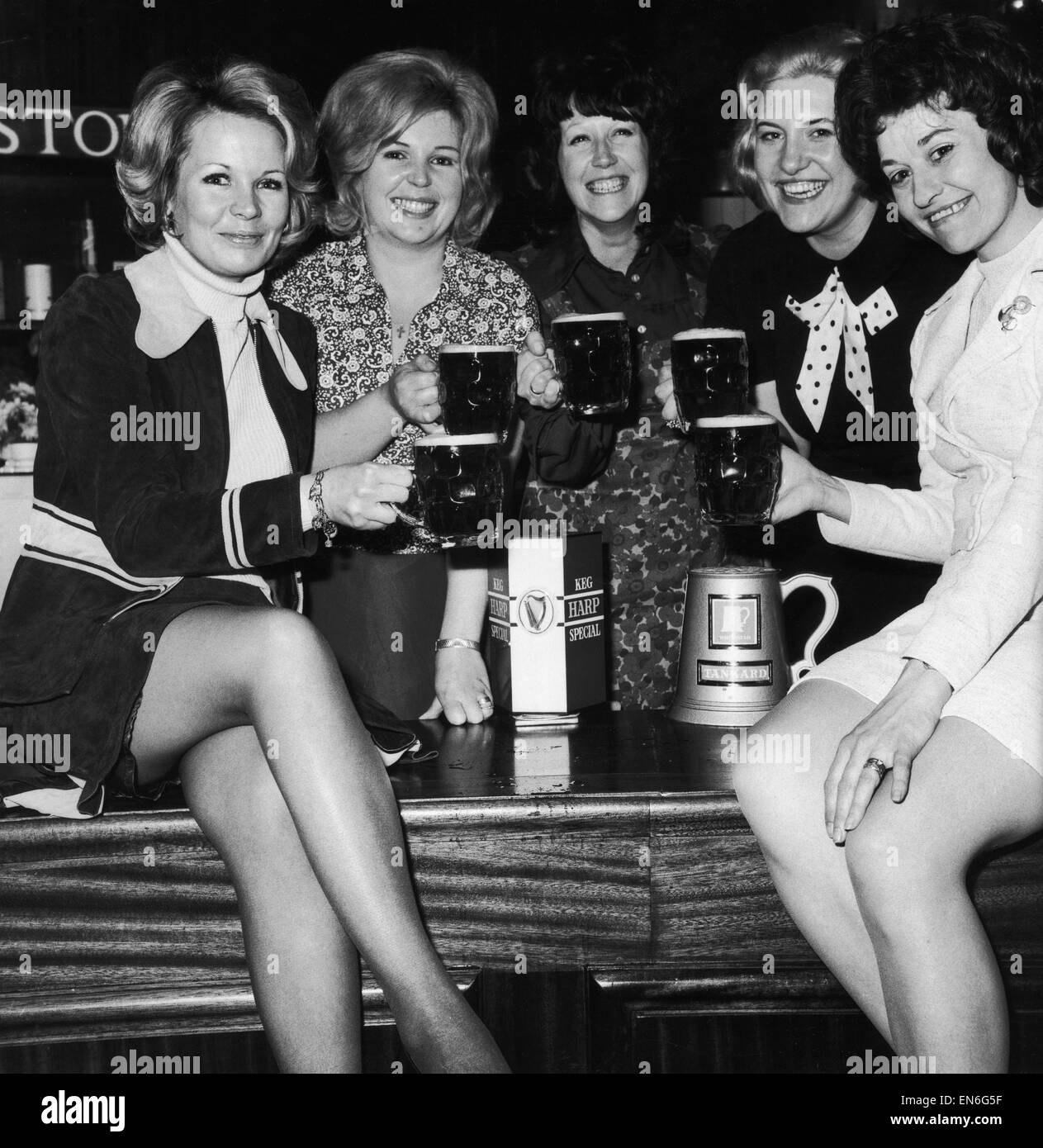 Five barmaids who were chose at the Bristol Area final for the Daily Mirror Bairmaid of the Year competition. Left to right: Mrs Mandy Alvarez, Mrs Lynne Parry, Mrs Joyce Heritage, Mrs Pamela Mudd and Mrs Shirley Crawley. The five will join the other cont Stock Photo