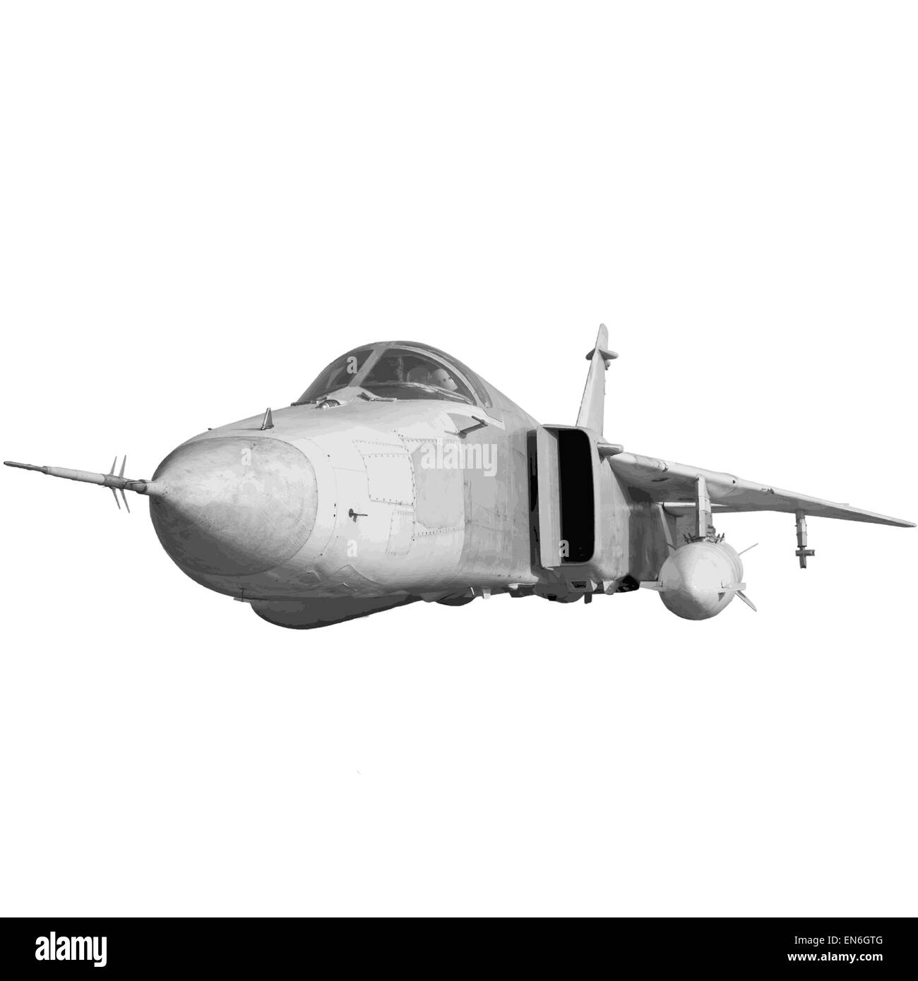 Military jet bomber Su-24 Fencer flying a white background. Vect Stock Photo