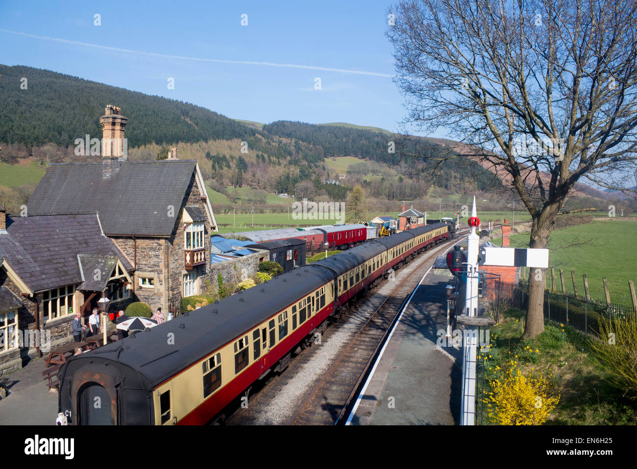 Steam train at Carrog Station Llangollen Steam Railway Denbighshire North East Wales UK Stock Photo