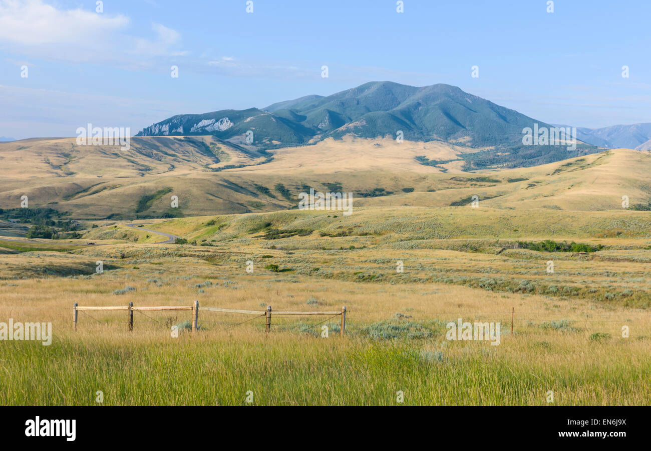Foothills of Bear Tooth Mountains at dawn on a summer day with sagebrush and grassland in the middle of the prairie. Stock Photo