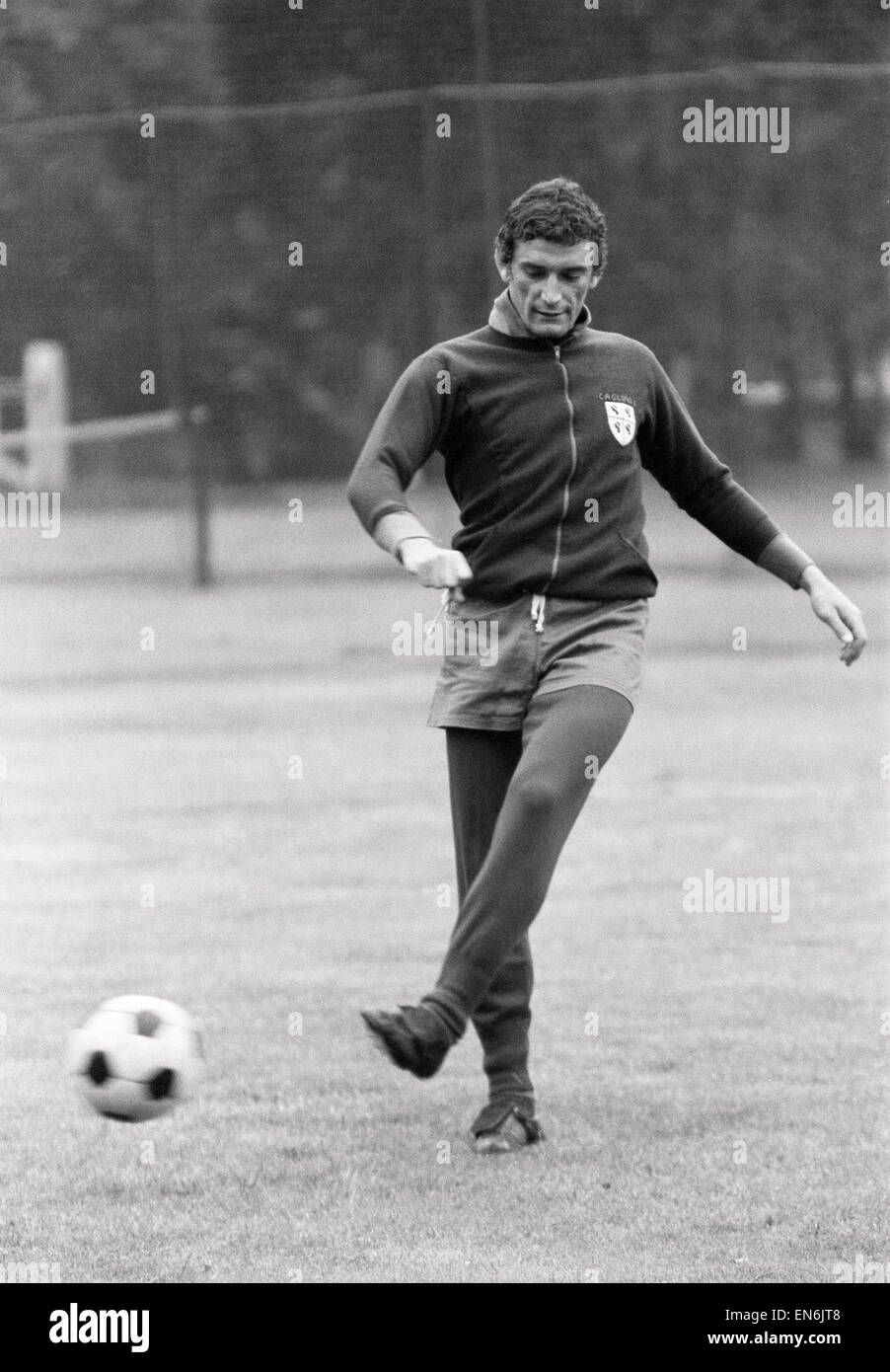 Italian striker Luigi Riva who plays for Sardinian club side Cagliari, pictured during a training session at the Selsdon Park Hotel in Surrey, ahead of his team's match against Crystal Palace in the Anglo-Italian tournament. 25th May 1971. Stock Photo