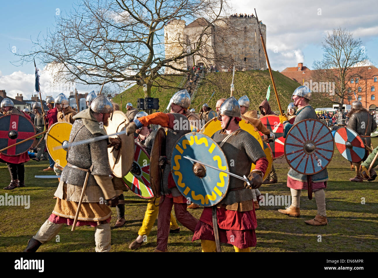 Vikings and Saxons fighting near Cliffords Tower at the annual Jorvik Viking Festival York North