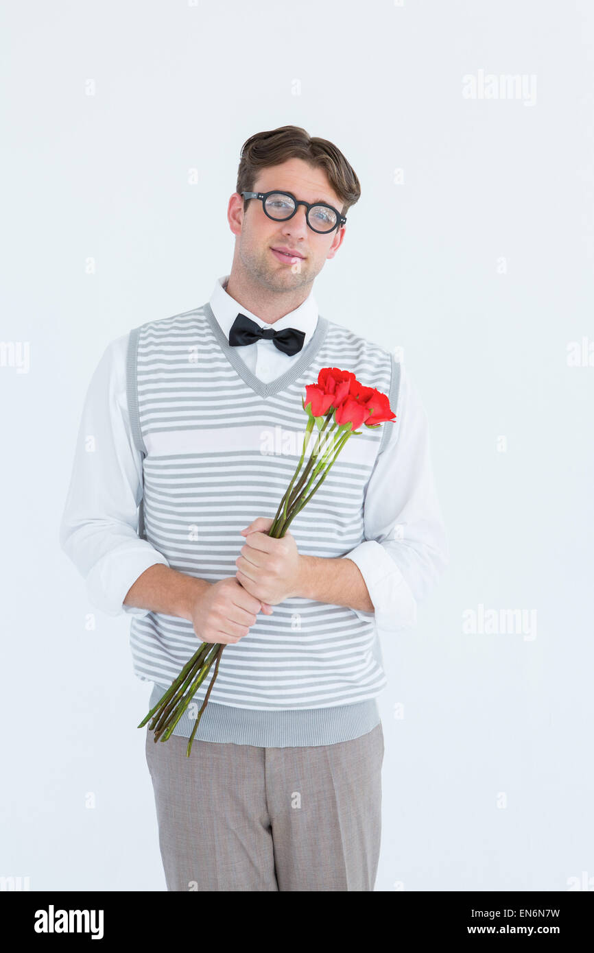 Geeky hipster offering bunch of roses Stock Photo - Alamy