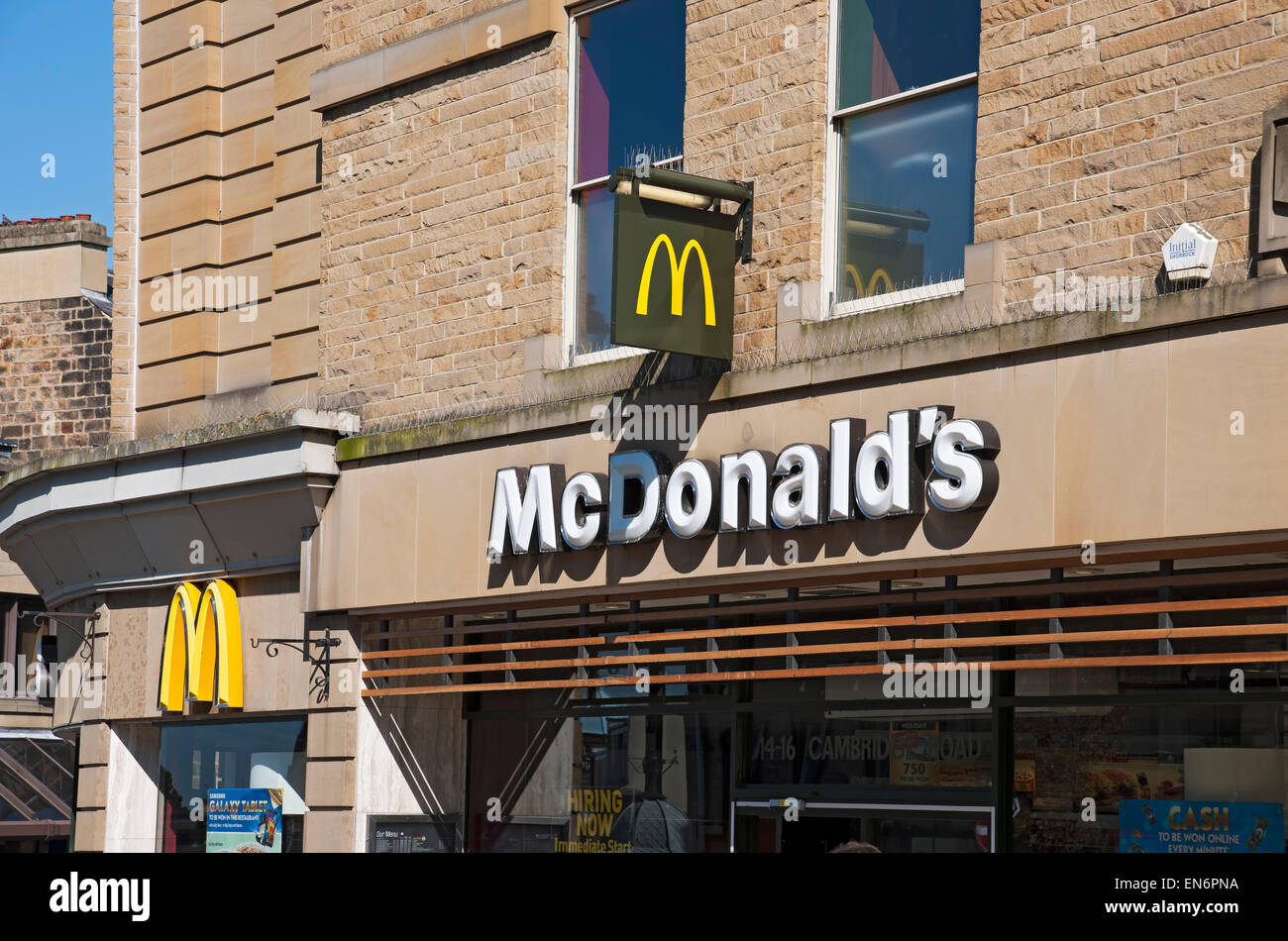 Close up of sign signage outside McDonald's restaurant Harrogate North Yorkshire England UK United Kingdom GB Great Britain Stock Photo