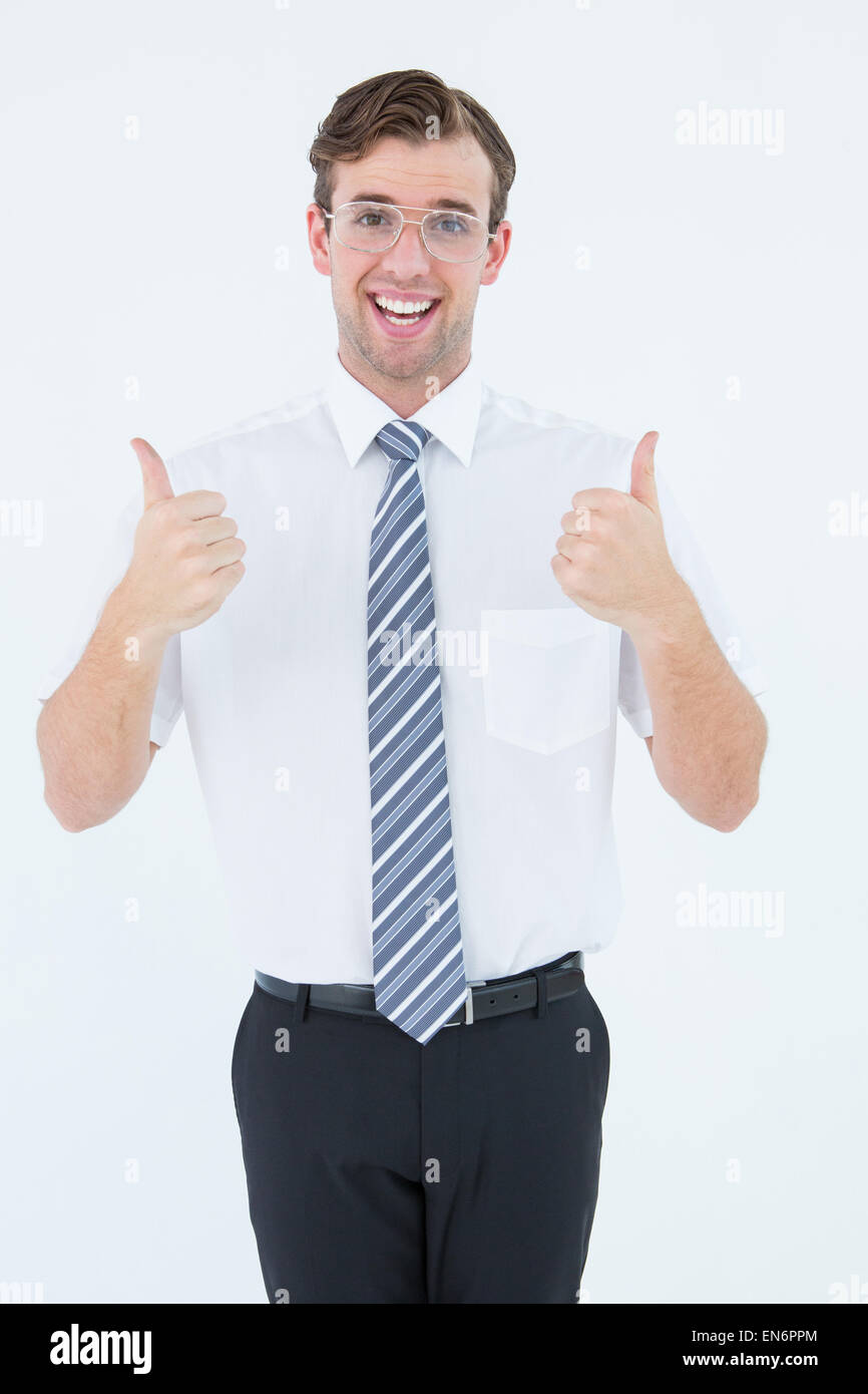 Happy geeky businessman with thumbs up Stock Photo - Alamy
