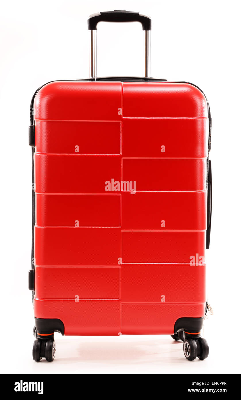 Large red travel suitcase isolated on white background Stock Photo