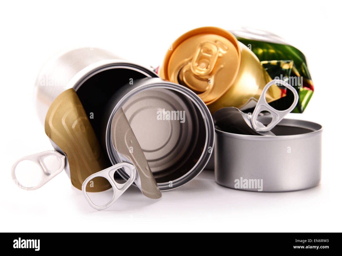 Recyclable garbage consisting of metal cans isolated on white background Stock Photo