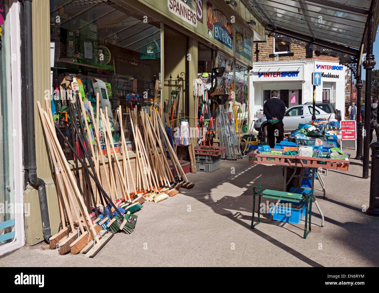 Products goods on display outside hardware shop store Harrogate North