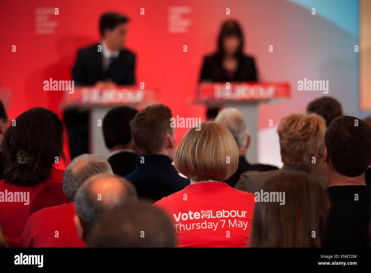 London, UK. Wednesday 29th April 2015. Labour Party supporter wearing a 'Vote Labour Thursday 7th May' t-shirt at a General Election 2015 campaign event on the Tory threat to family finances, entitled: The Tories’ Secret Plan. Held at the Royal Institute of British Architects. Credit:  Michael Kemp/Alamy Live News Stock Photo