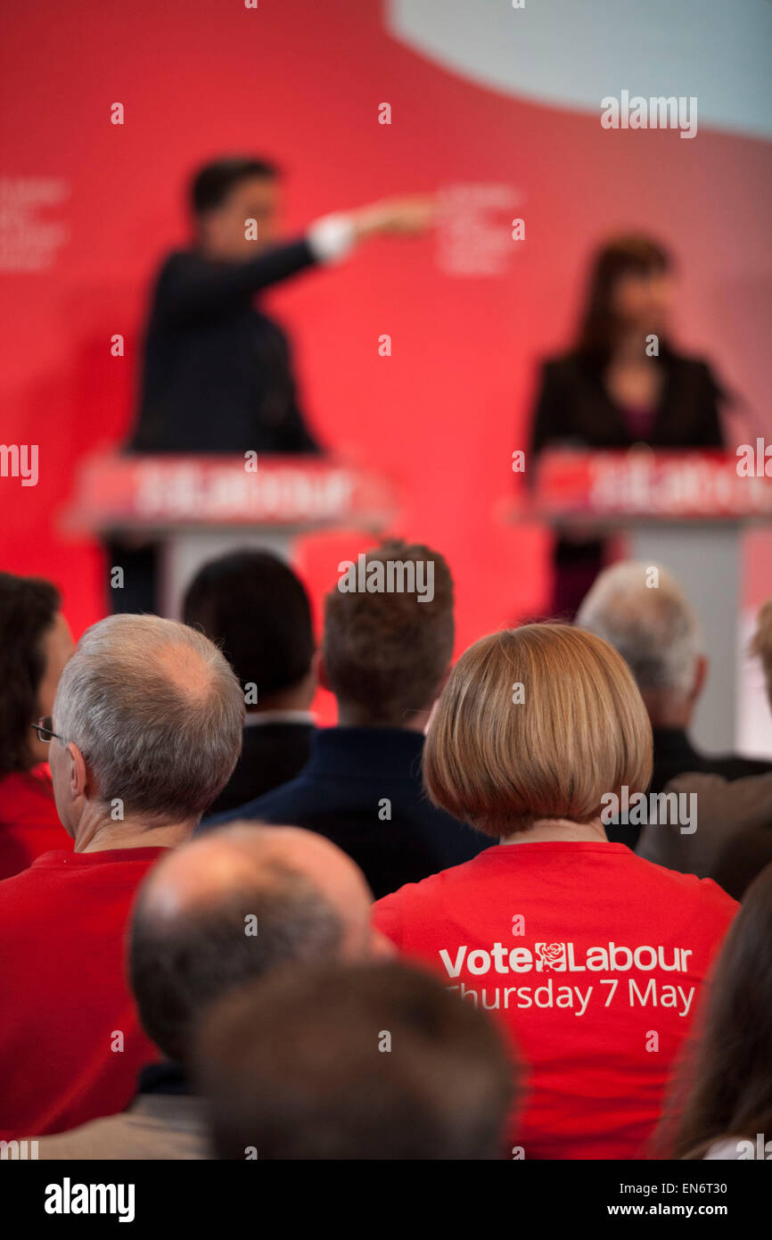 London, UK. Wednesday 29th April 2015. Labour Party supporter wearing a 'Vote Labour Thursday 7th May' t-shirt at a General Election 2015 campaign event on the Tory threat to family finances, entitled: The Tories’ Secret Plan. Held at the Royal Institute of British Architects. Credit:  Michael Kemp/Alamy Live News Stock Photo