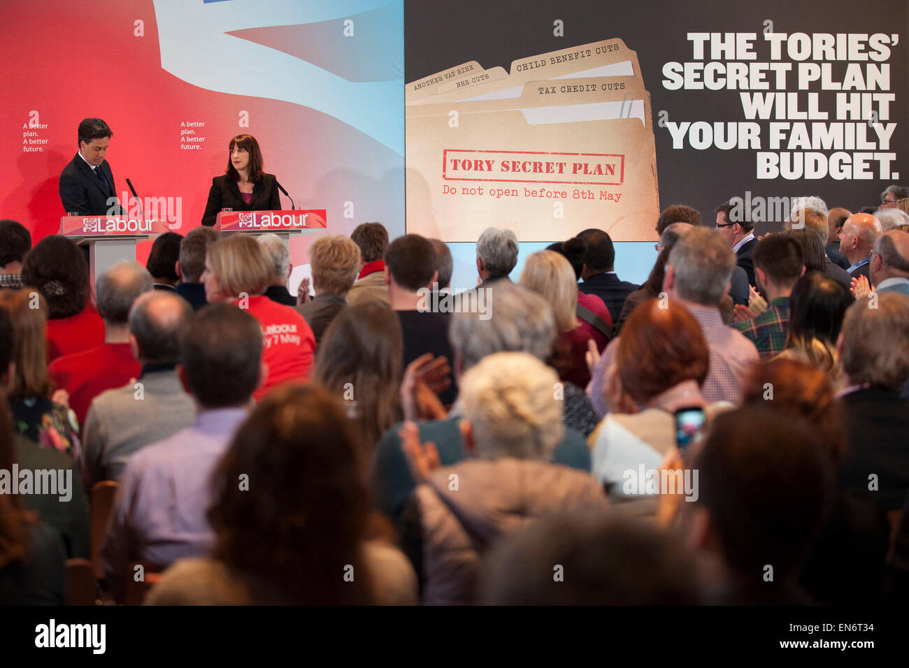 London, UK. Wednesday 29th April 2015. Labour Party Leader Ed Miliband and Shadow Secretary of State for Work and Pensions Rachel Reeves speaks at a General Election 2015 campaign event on the Tory threat to family finances, entitled: The Tories’ Secret Plan. Held at the Royal Institute of British Architects. Credit:  Michael Kemp/Alamy Live News Stock Photo