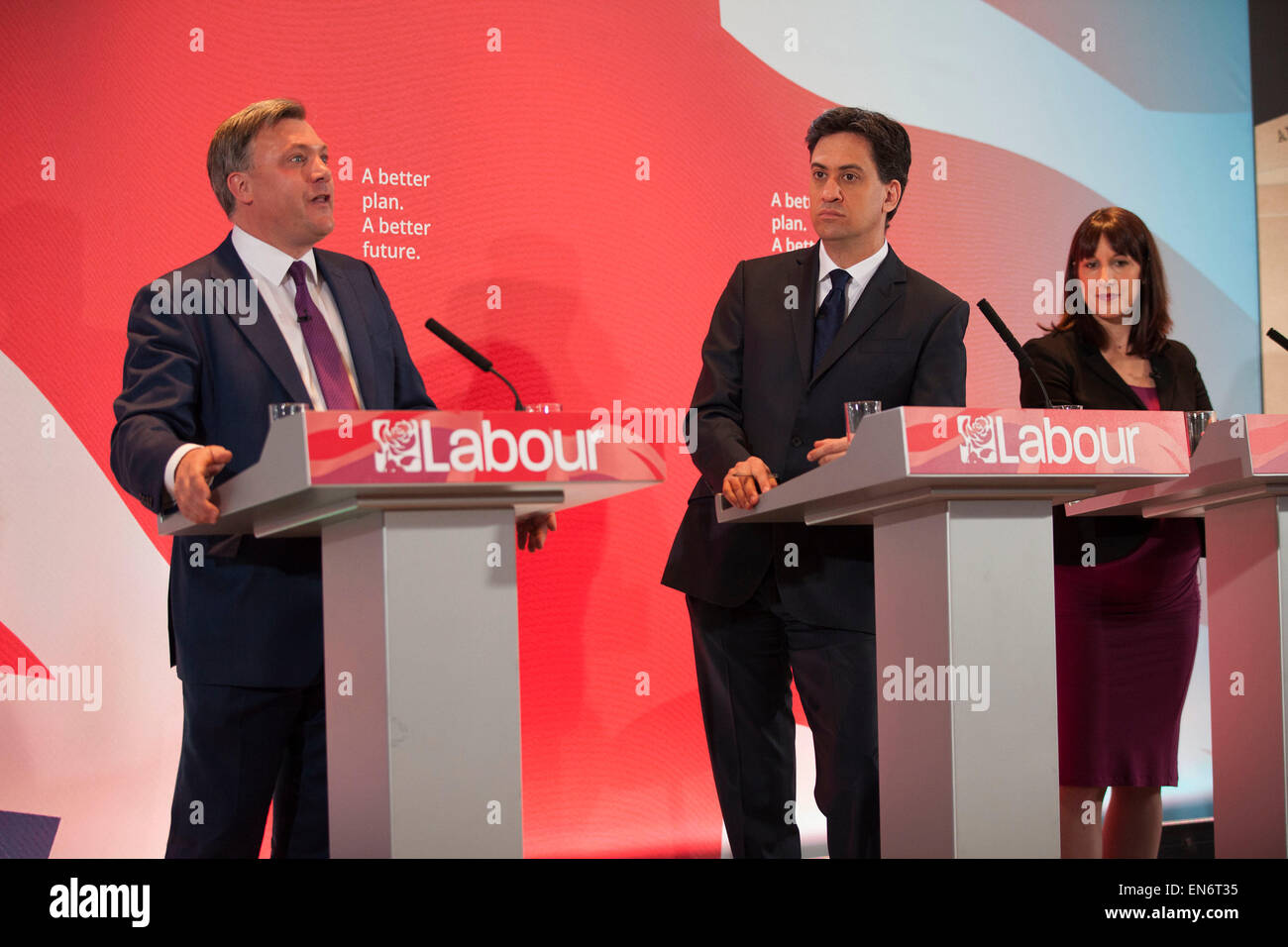 London, UK. Wednesday 29th April 2015. Labour Party Leader Ed Miliband, Shadow Chancellor Ed Balls, and Shadow Secretary of State for Work and Pensions Rachel Reeves speaks at a General Election 2015 campaign event on the Tory threat to family finances, entitled: The Tories’ Secret Plan. Held at the Royal Institute of British Architects. Credit:  Michael Kemp/Alamy Live News Stock Photo