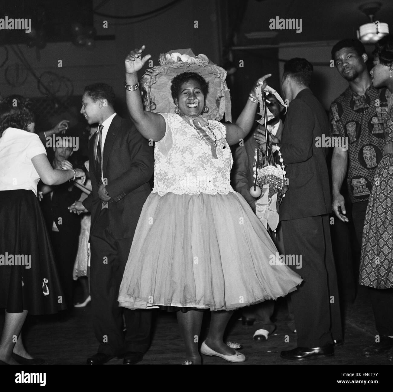The first ever "Notting Hill carnival", created in response to the previous year's racial riots in the area and the state of race relations at the time. The carnival, organised by Claudia Jones, was known as the Caribbean carnival or the West Indian Gazet Stock Photo