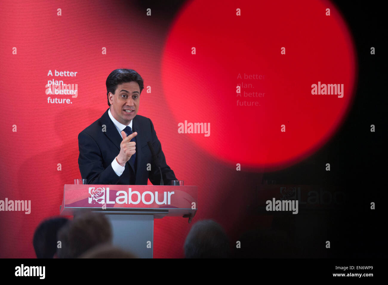 London, UK. Wednesday 29th April 2015. Labour Party Leader Ed Miliband speaks at a General Election 2015 campaign event on the Tory threat to family finances, entitled: The Tories’ Secret Plan. Held at the Royal Institute of British Architects. Credit:  Michael Kemp/Alamy Live News Stock Photo