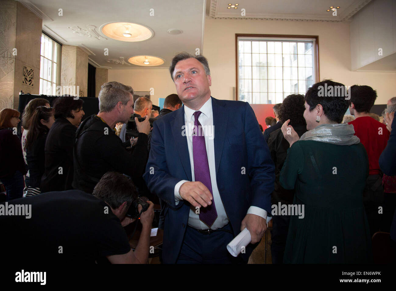 London, UK. Wednesday 29th April 2015. Labour Party Shadow Chancellor Ed Balls leaving a General Election 2015 campaign event on the Tory threat to family finances, entitled: The Tories’ Secret Plan. Held at the Royal Institute of British Architects. Credit:  Michael Kemp/Alamy Live News Stock Photo