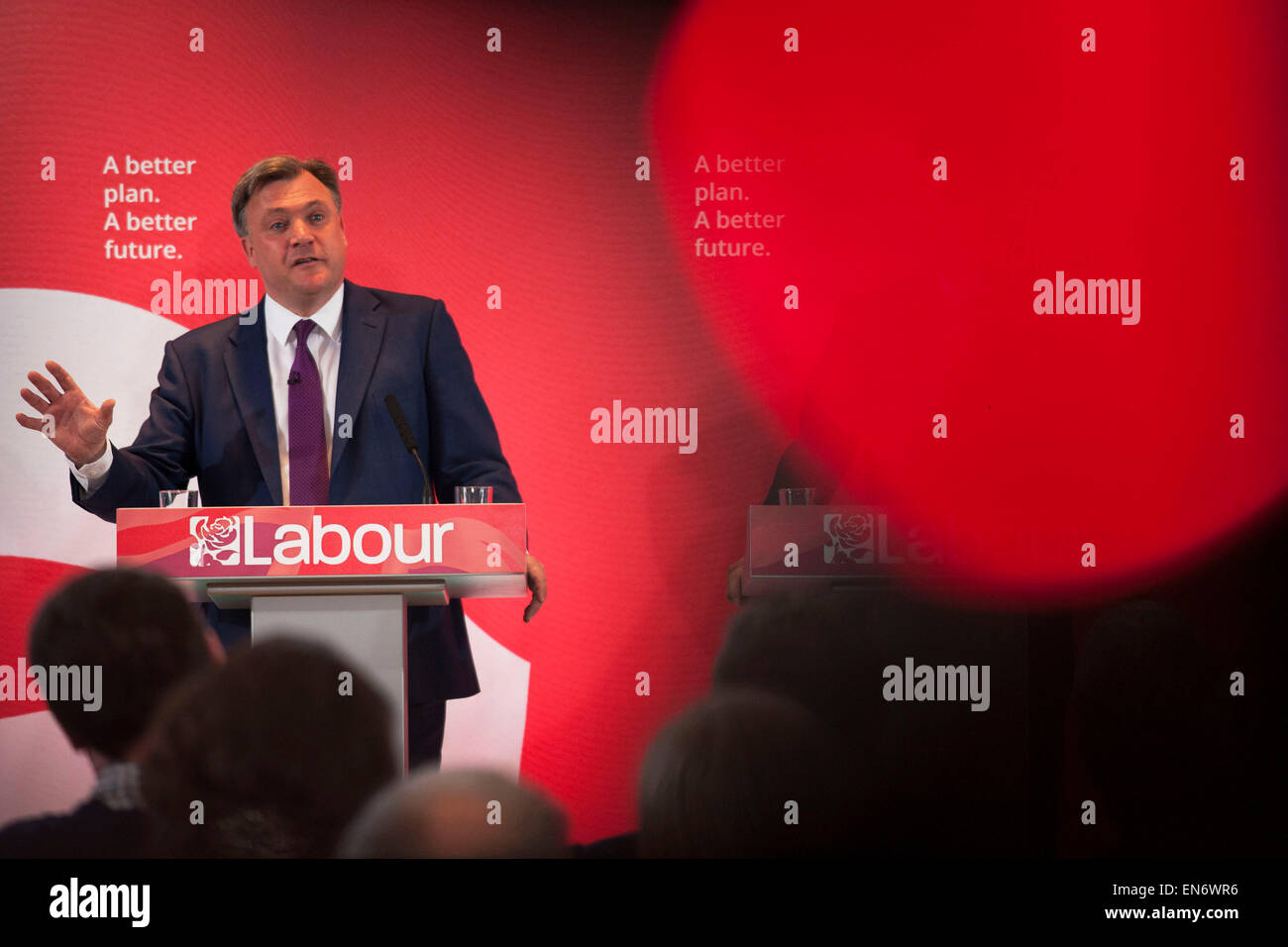 London, UK. Wednesday 29th April 2015. Labour Party Shadow Chancellor Ed Balls speaks at a General Election 2015 campaign event on the Tory threat to family finances, entitled: The Tories’ Secret Plan. Held at the Royal Institute of British Architects. Credit:  Michael Kemp/Alamy Live News Stock Photo