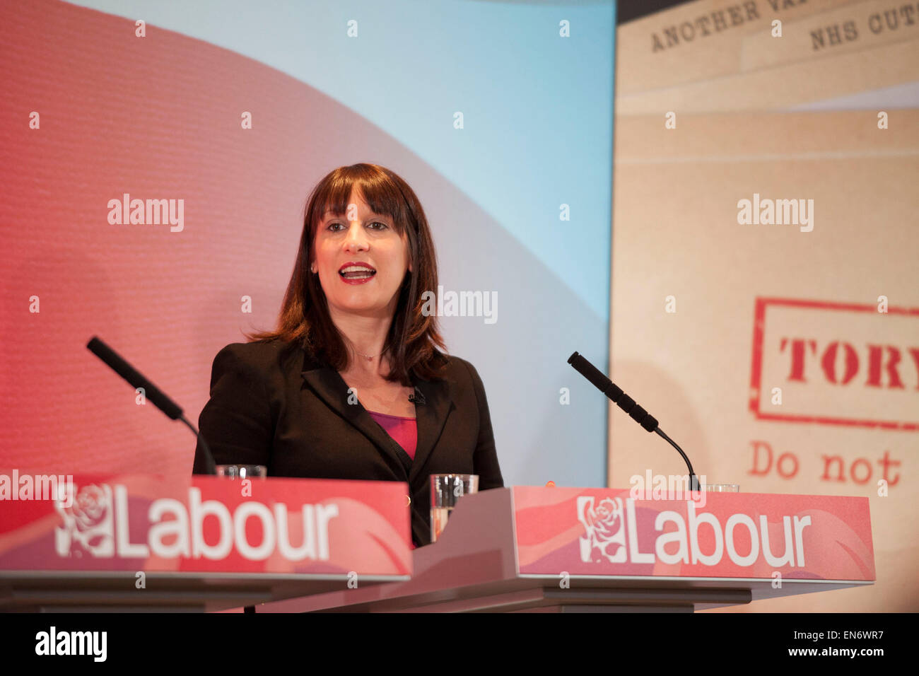 London, UK. Wednesday 29th April 2015. Labour Party Shadow Secretary of State for Work and Pensions Rachel Reeves speaks at a General Election 2015 campaign event on the Tory threat to family finances, entitled: The Tories’ Secret Plan. Held at the Royal Institute of British Architects. Credit:  Michael Kemp/Alamy Live News Stock Photo