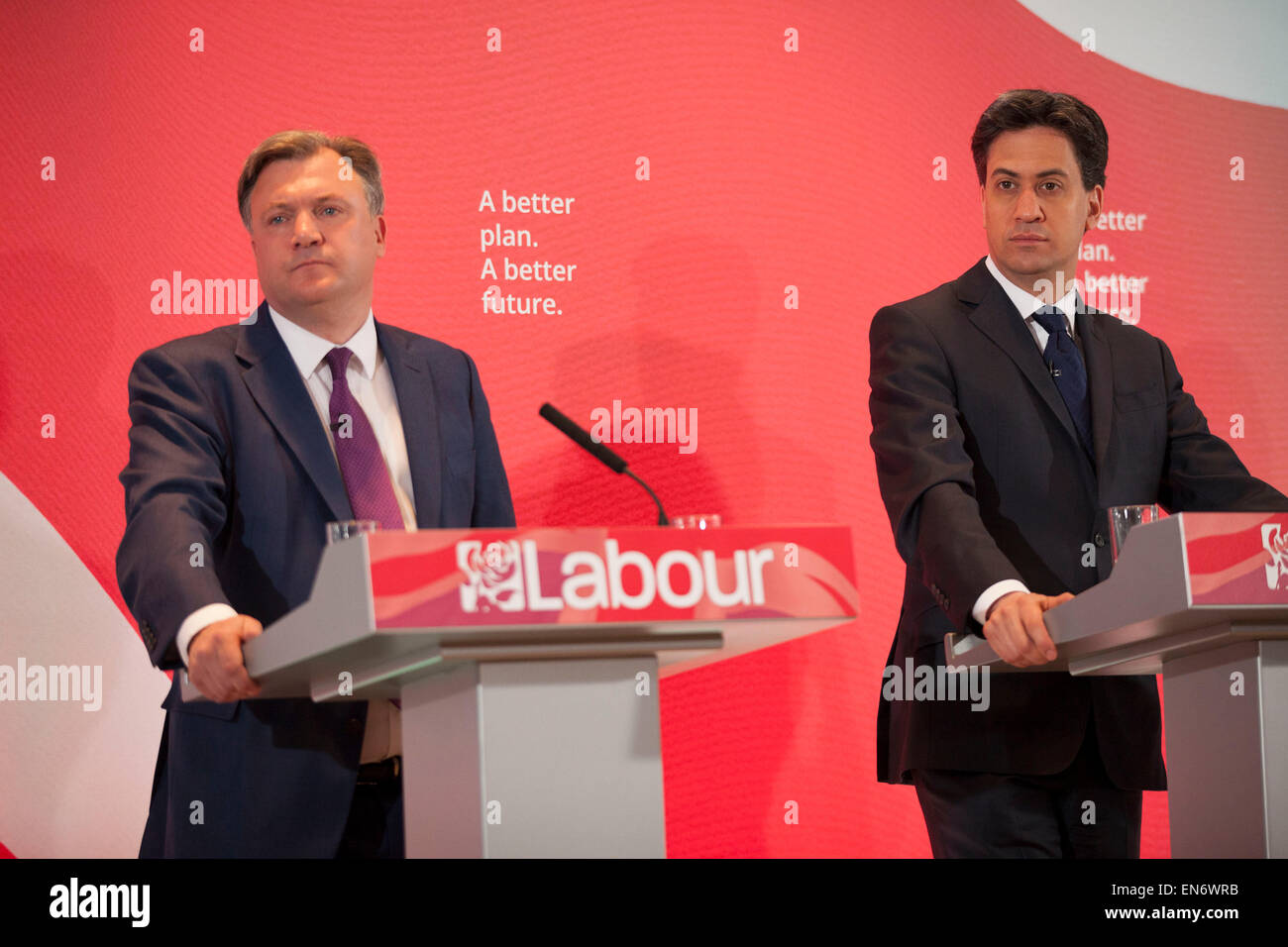 London, UK. Wednesday 29th April 2015. Labour Party Leader Ed Miliband, Shadow Chancellor Ed Balls at a General Election 2015 campaign event on the Tory threat to family finances, entitled: The Tories’ Secret Plan. Held at the Royal Institute of British Architects. Credit:  Michael Kemp/Alamy Live News Stock Photo