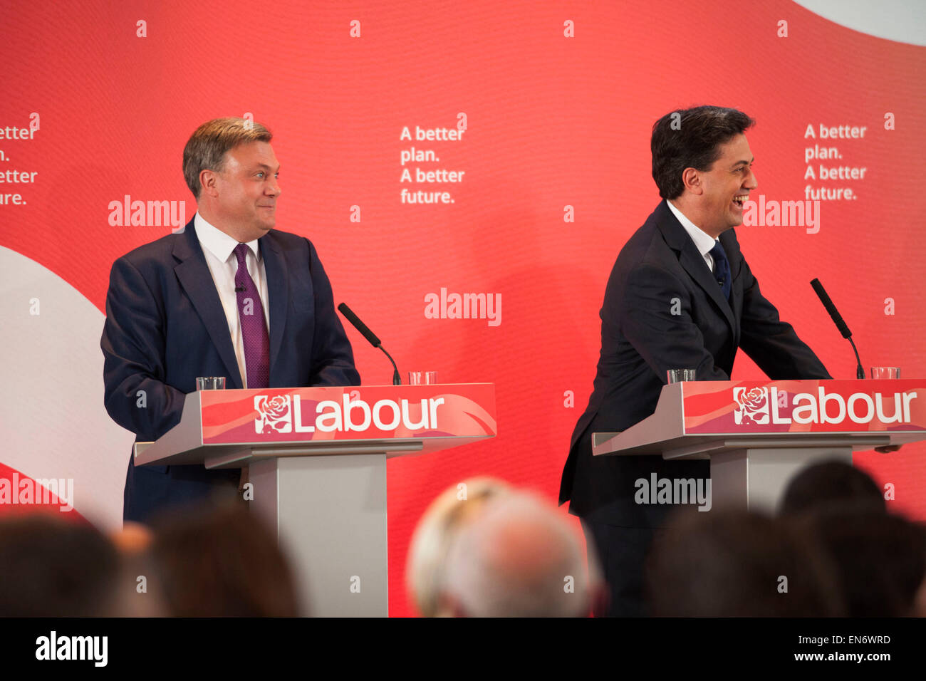 London, UK. Wednesday 29th April 2015. Labour Party Leader Ed Miliband, Shadow Chancellor Ed Balls at a General Election 2015 campaign event on the Tory threat to family finances, entitled: The Tories’ Secret Plan. Held at the Royal Institute of British Architects. Credit:  Michael Kemp/Alamy Live News Stock Photo