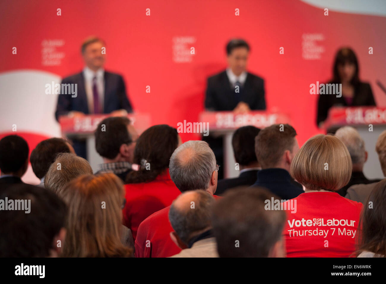 London, UK. Wednesday 29th April 2015. Labour Party supporter wearing a 'Vote Labour Thursday 7th May' t-shirt at a General Election 2015 campaign event on the Tory threat to family finances, entitled: The Tories’ Secret Plan. Held at the Royal Institute of British Architects. Credit:  Michael Kemp/Alamy Live News Stock Photo