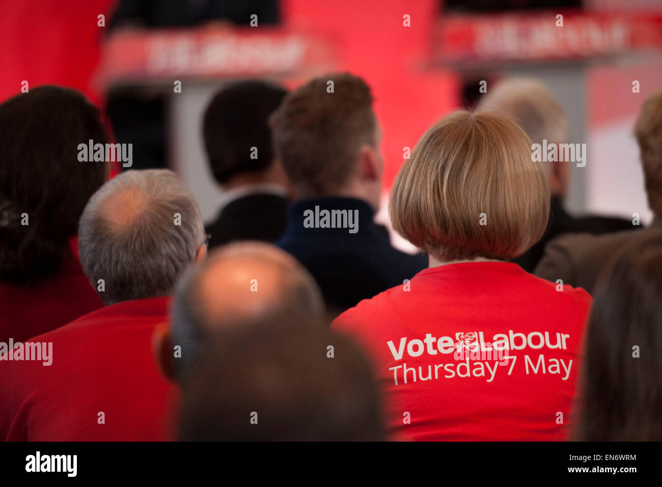 London, UK. Wednesday 29th April 2015. Labour Party supporter wearing a 'Vote Labour Thursday 7th May' t-shirt at a General Election 2015 campaign event on the Tory threat to family finances, entitled: The Tories’ Secret Plan. Held at the Royal Institute of British Architects. Credit:  Michael Kemp/Alamy Live News Stock Photo