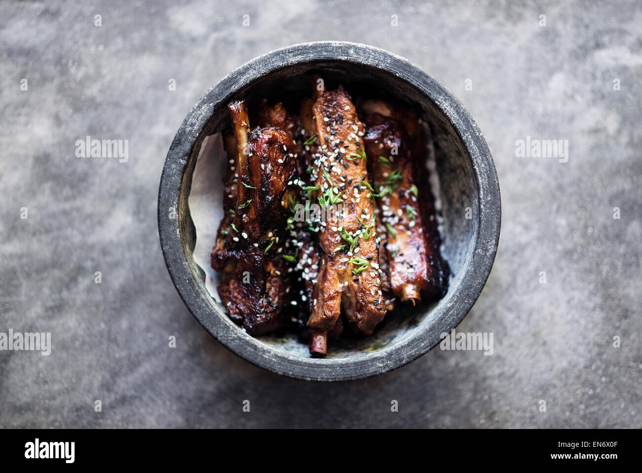 grilled marinated pork ribs with asian sweet sesame sauce Stock Photo