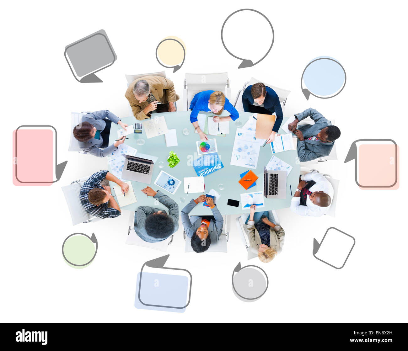 Group of Business People Meeting with Speech Bubbles Stock Photo