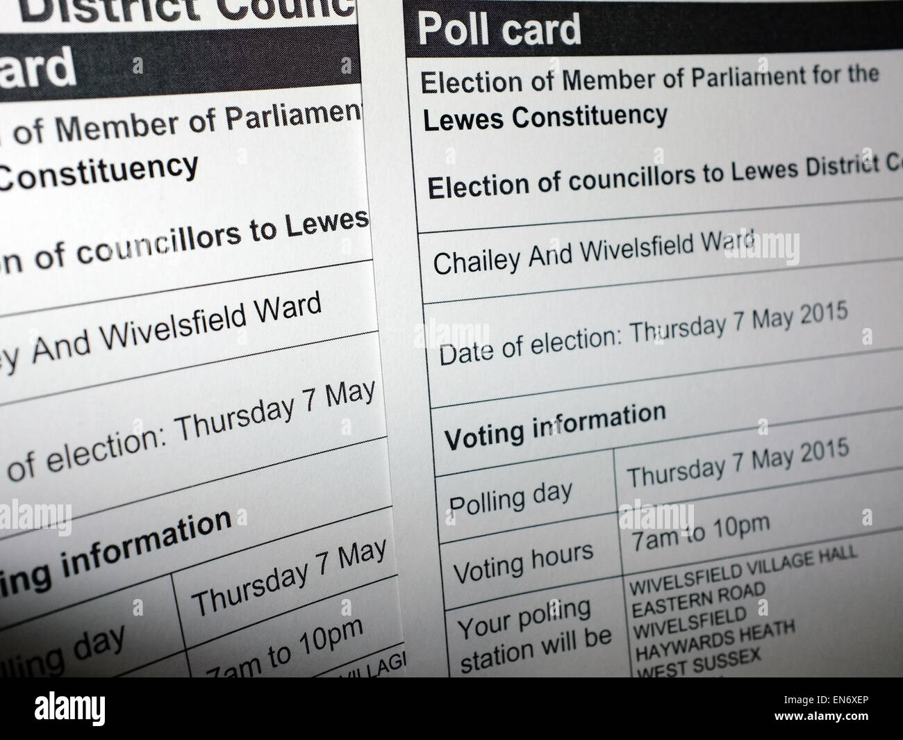 Lewes Constituency Polling cards with voting details for the 7th May UK General Election. Stock Photo