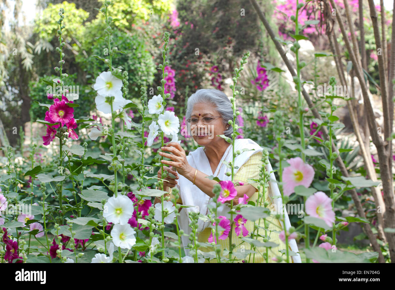 Senior woman tending her garden Stock Photo