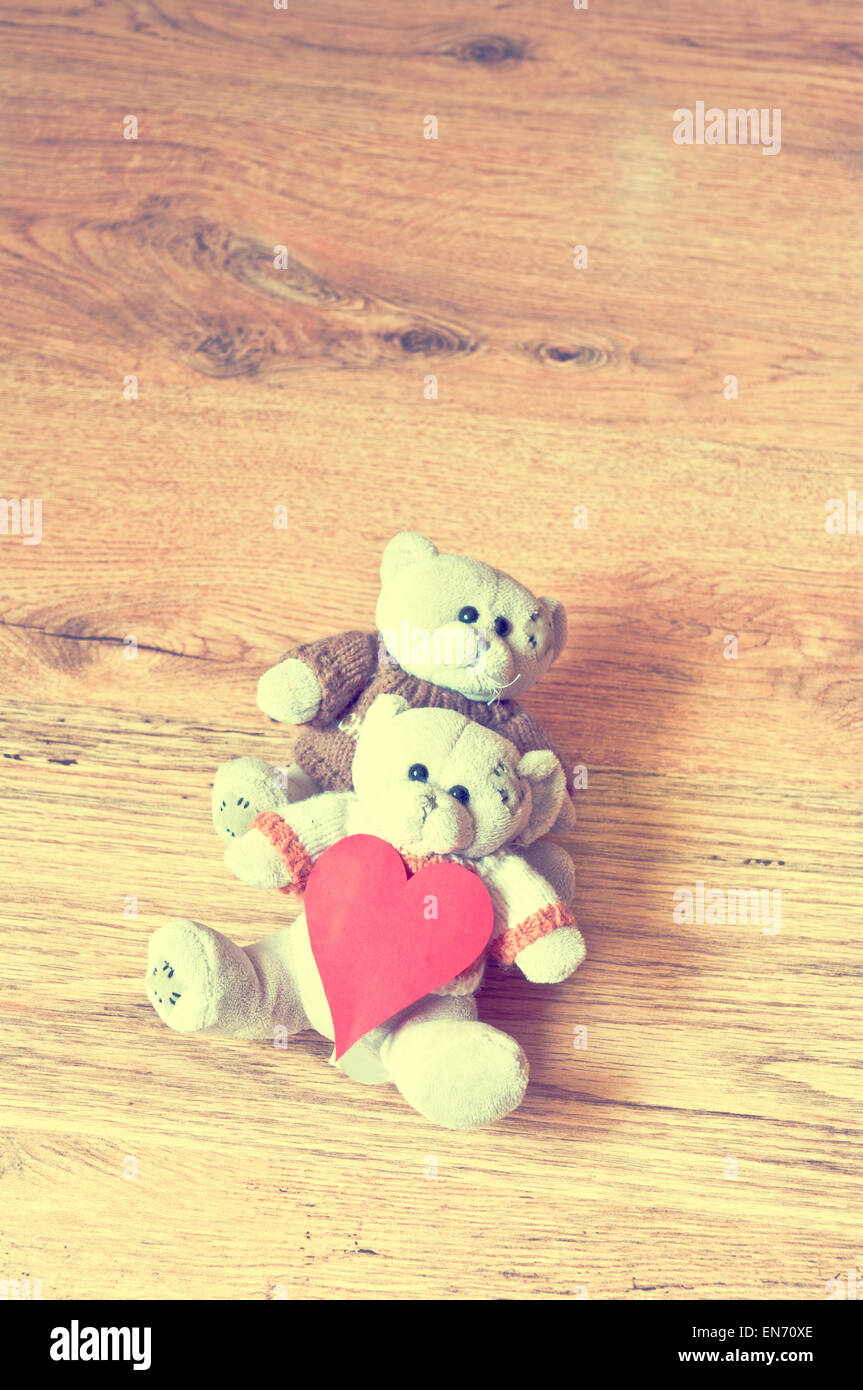 Teddy Love Day Valentines Bear Bears Valentine Cute Background Romantic Brown Two Concept Vintage Friendship Couple Wooden Red Stock Photo Alamy