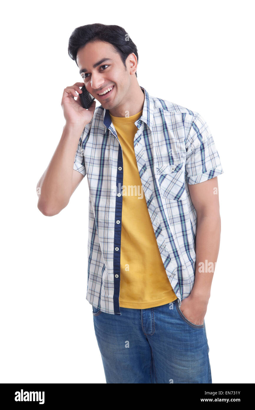 Man in yellow shirt talking hi-res stock photography and images - Alamy