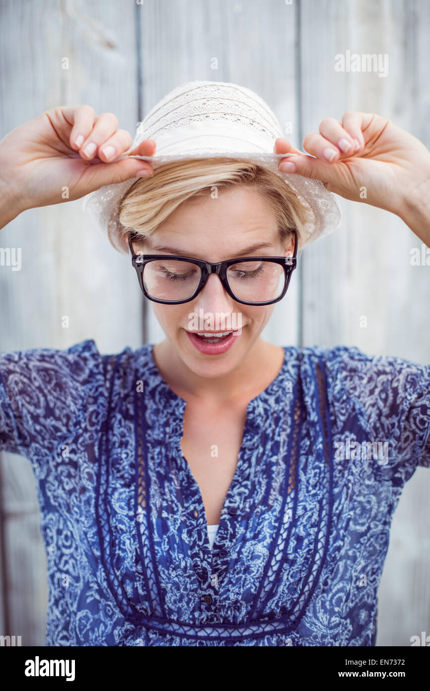 Pretty blonde woman wearing hipster glasses Stock Photo