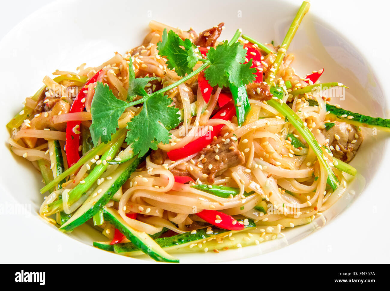 PanAsian rice noodles with beef, vegetables, bean sprouts in a sweet