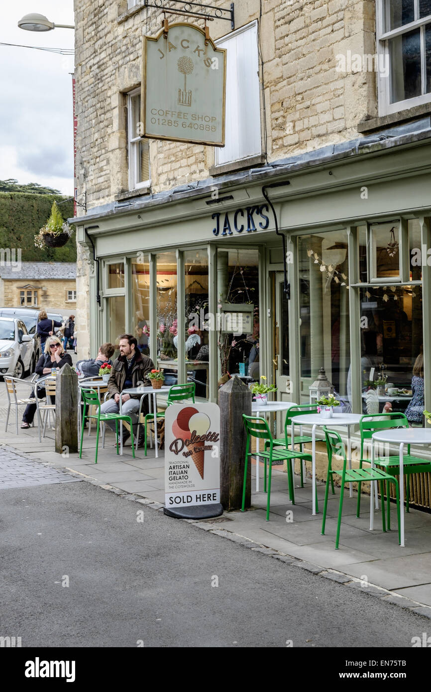 A street scene outside Jack's Coffee House in Cirencester, Gloucestershire, UK. There are tables and chairs outside Stock Photo