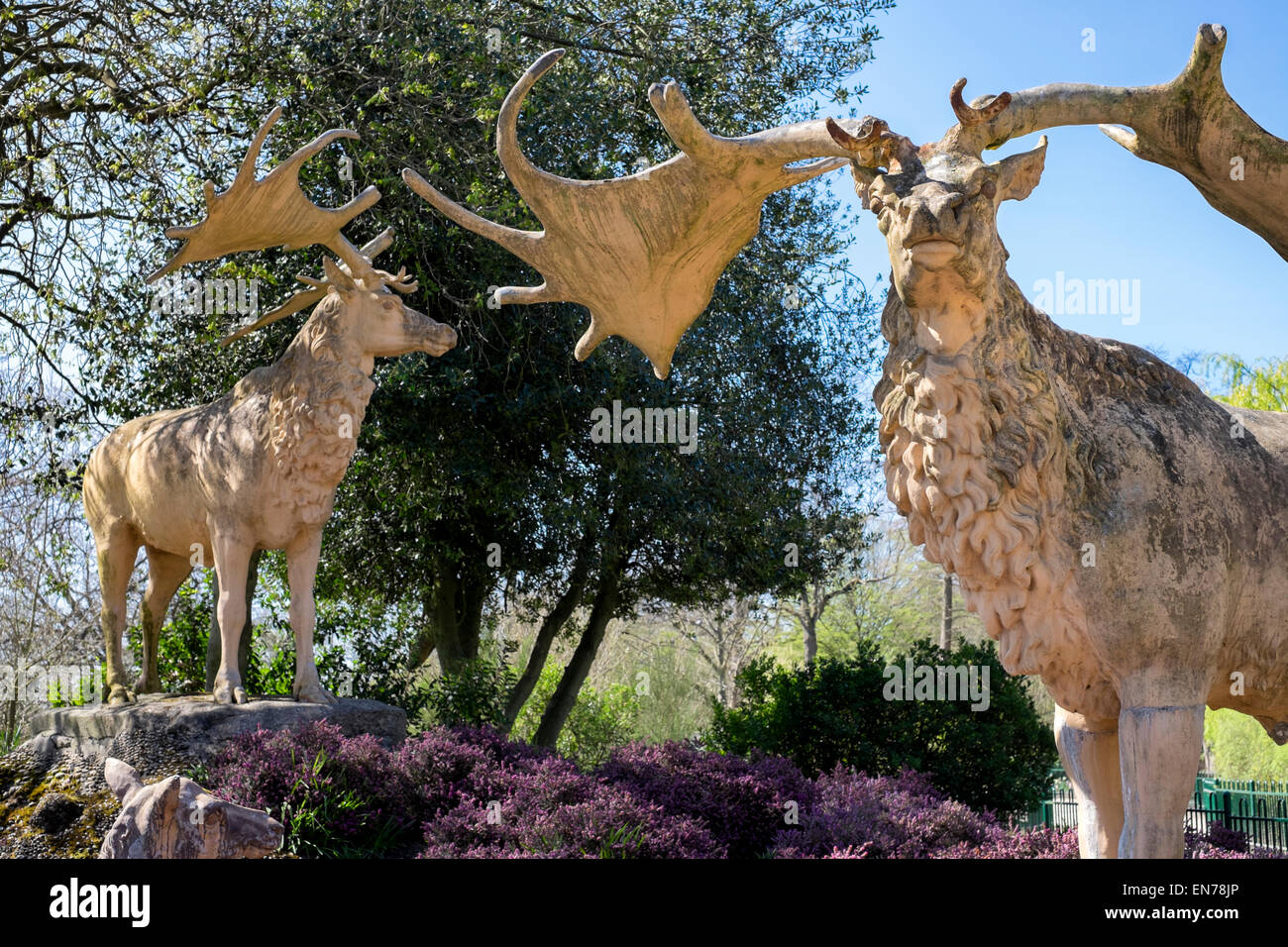 Sculpture of an extinct mammal deer Megaloceros Giganteus Crystal Palace Park created by Benjamin Waterhouse Hawkins & Richard Owen Stock Photo