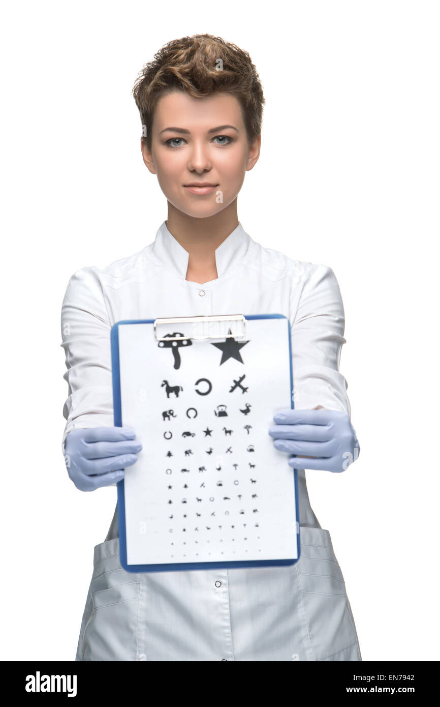 young woman ophthalmologist with eye chart Stock Photo Alamy