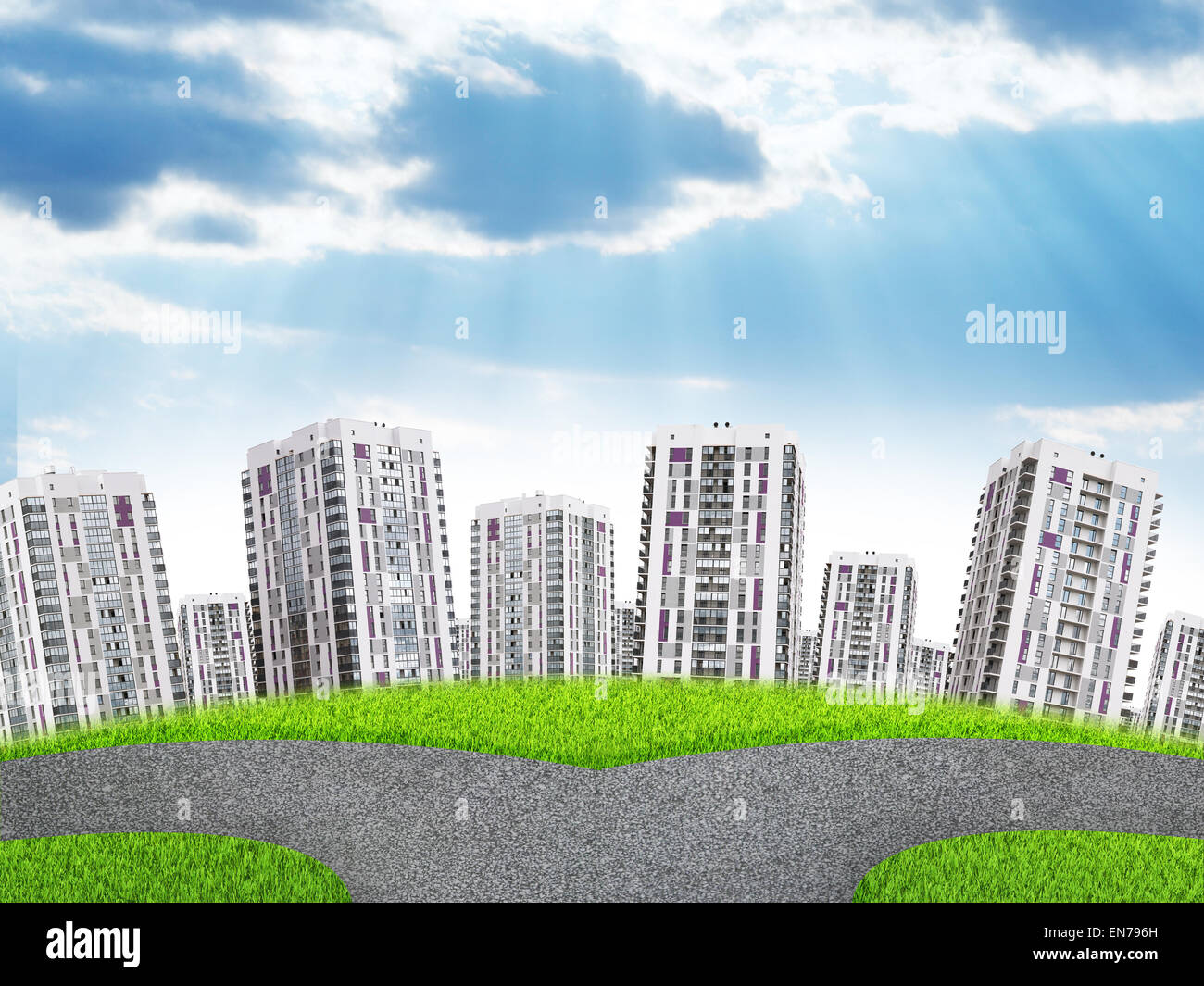 Cityscape under blue sky with clouds and sunbeam Stock Photo - Alamy