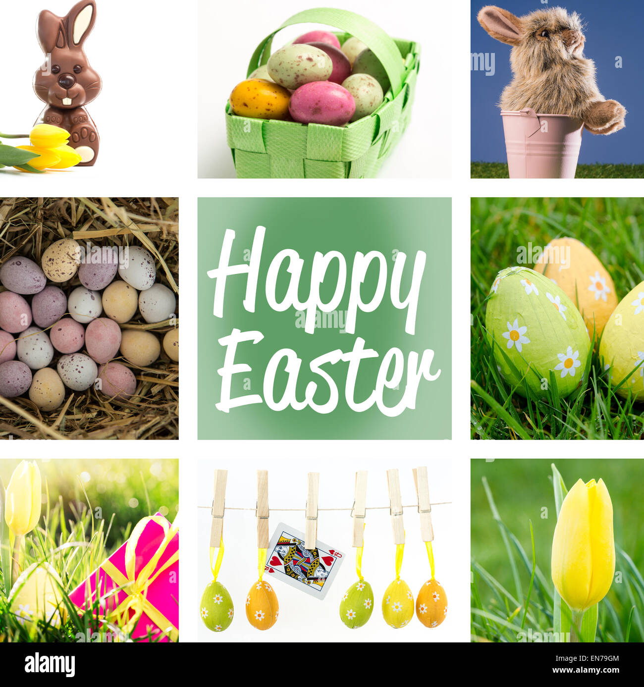 Composite image of speckled colourful easter eggs in a green wicker basket Stock Photo