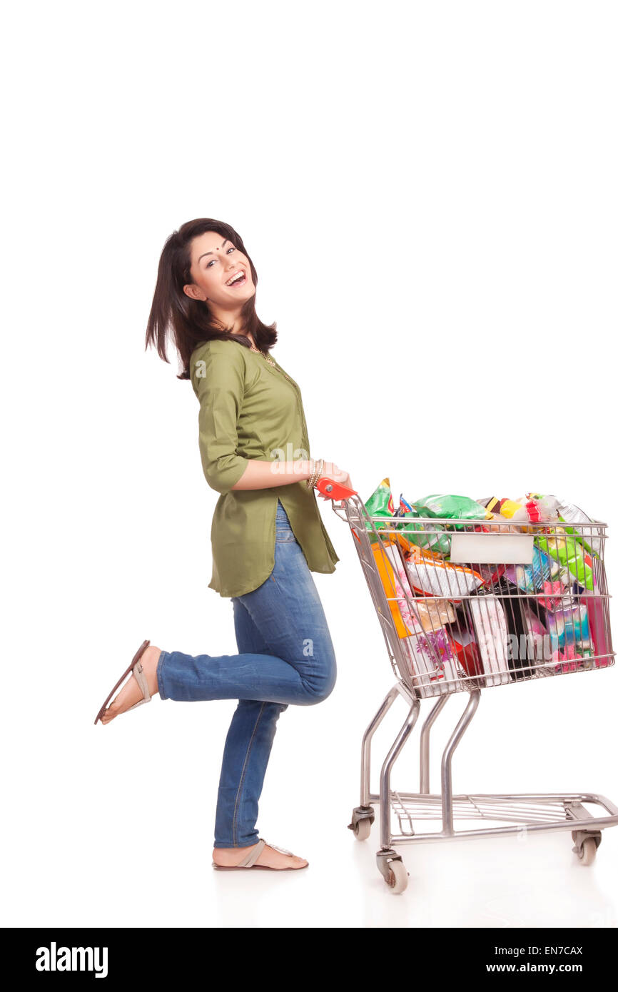 Portrait of a married woman with a shopping cart Stock Photo