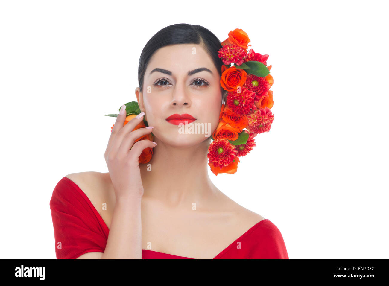 Indian young woman red roses hi-res stock photography and images - Alamy