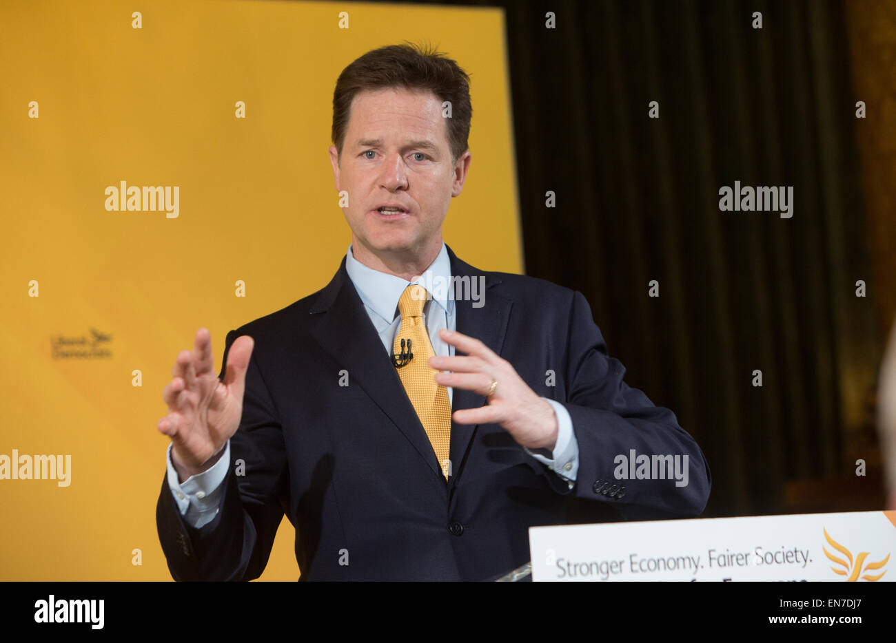 Liberal Democrat leader,Nick Clegg,delivers an election speech Stock Photo